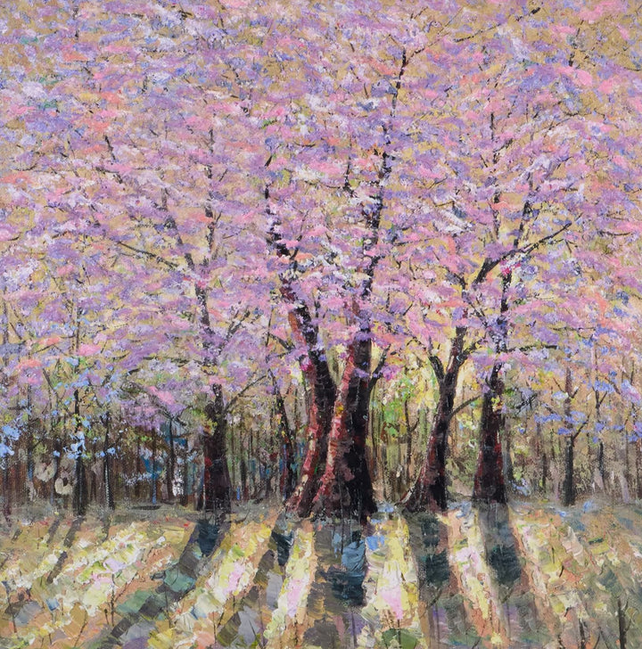 Painting of cherry blossom trees in full bloom with a soft, pastel colour palette by the artist Inam