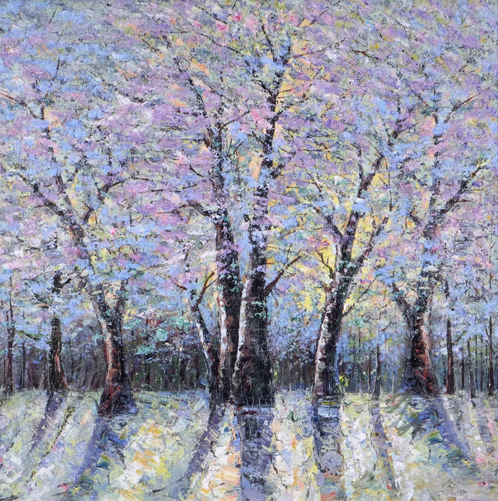 Awakening Light I by Inam featuring trees with soft blue and pink tones
