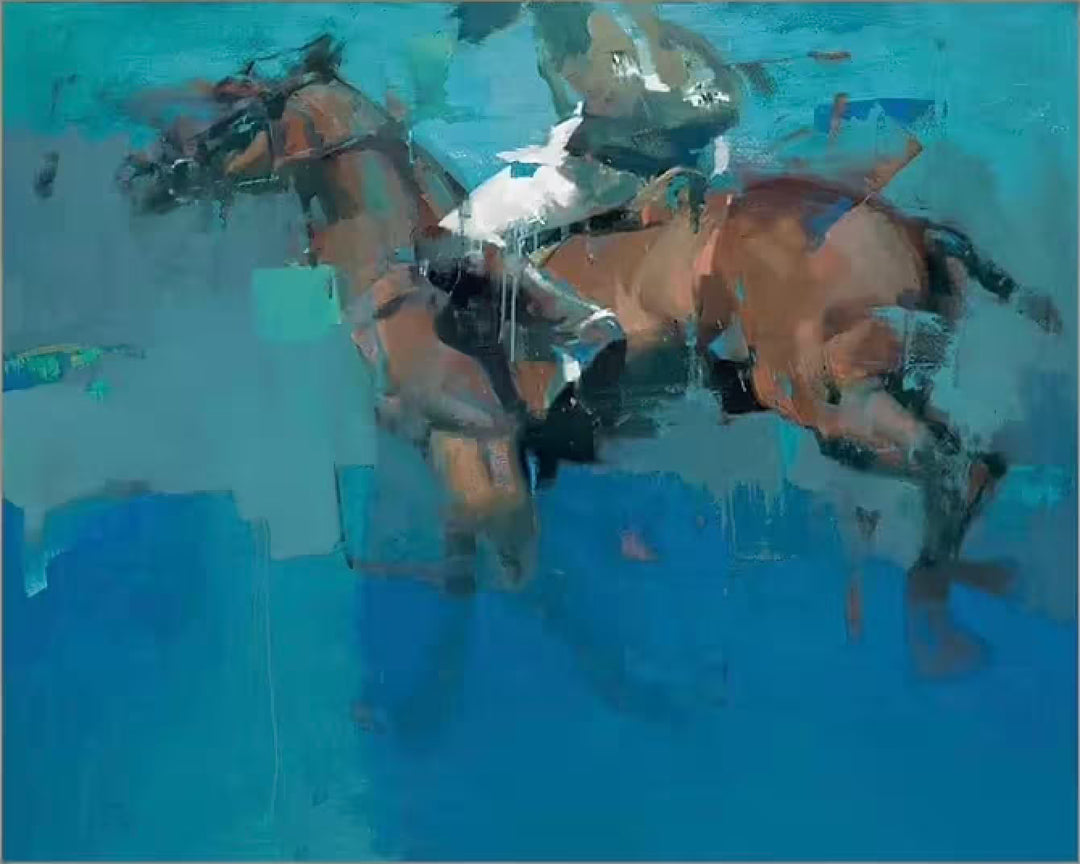 A Christian Hook limited edition of a horse with a jockey on top against a deep blue background, the title is Azul Del Sur