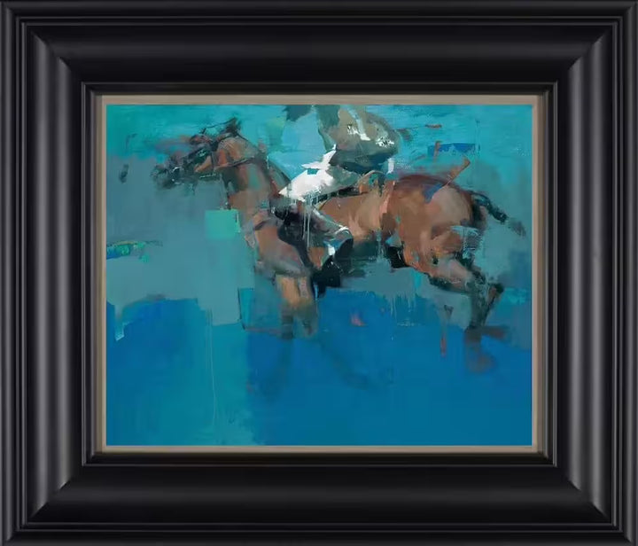 A Christian Hook limited edition of a horse with a jockey on top against a deep blue background, the title is Azul Del Sur