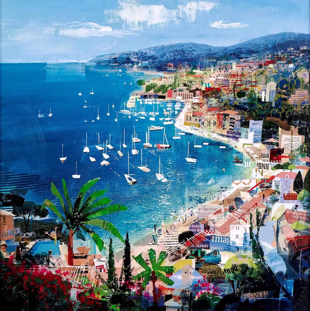 A Tom Butler limited edition of a bright coastline with lots of collage architecture, the title is Azure Dreaming