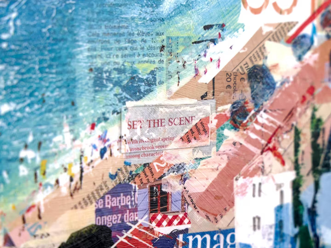 A Tom Butler limited edition of a bright coastline with lots of collage architecture, the title is Azure Dreaming
