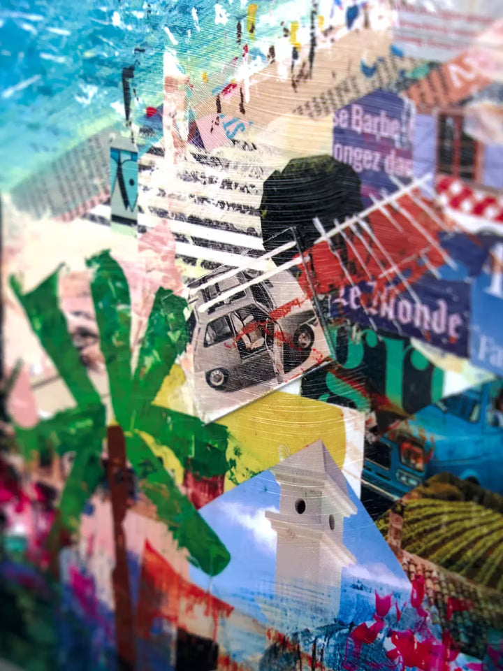 A Tom Butler limited edition of a bright coastline with lots of collage architecture, the title is Azure Dreaming