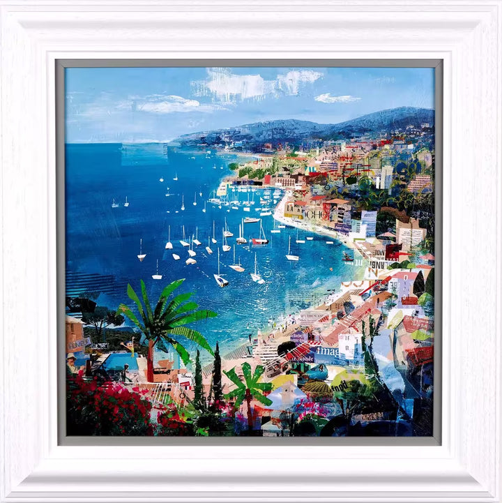 A Tom Butler limited edition of a bright coastline with lots of collage architecture, the title is Azure Dreaming