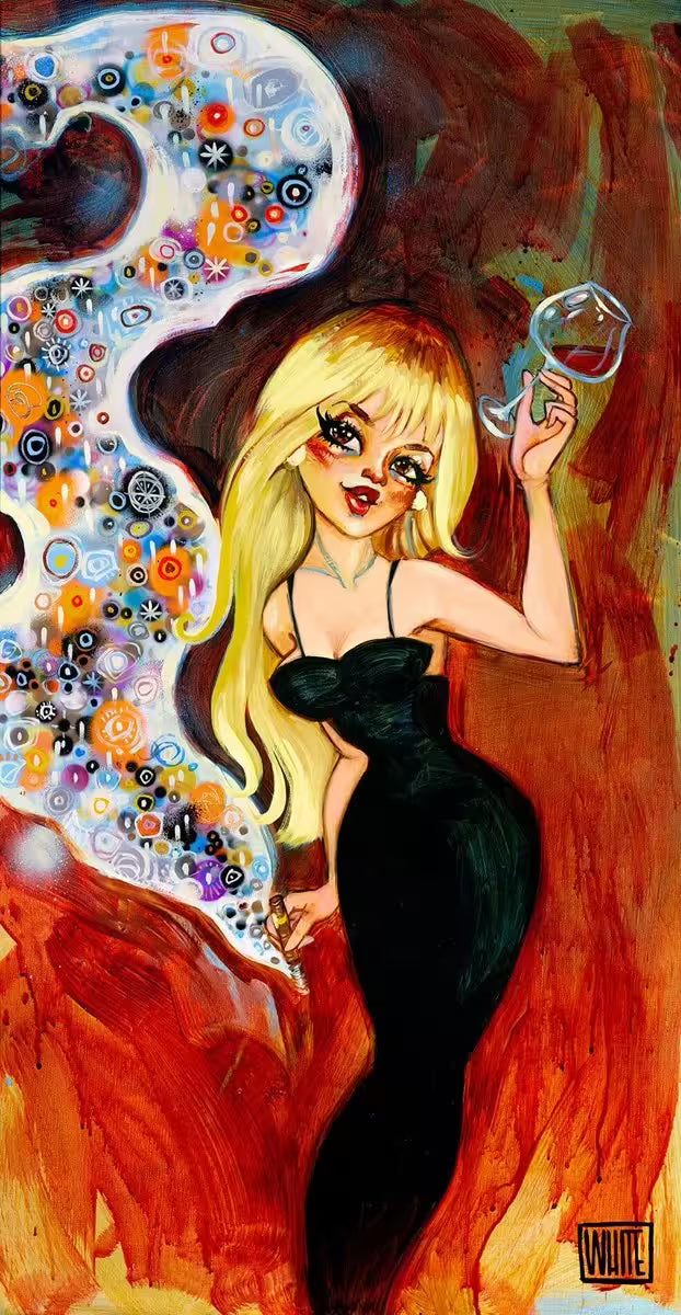 A Todd White limited edition of a blonde woman in a black dress holding wine and a cigarette, the title is Bad For Your Health