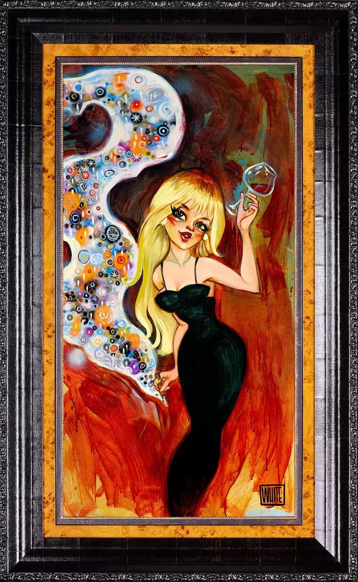 A Todd White framed limited edition of a blonde woman in a black dress holding wine and a cigarette, the title is Bad For Your Health