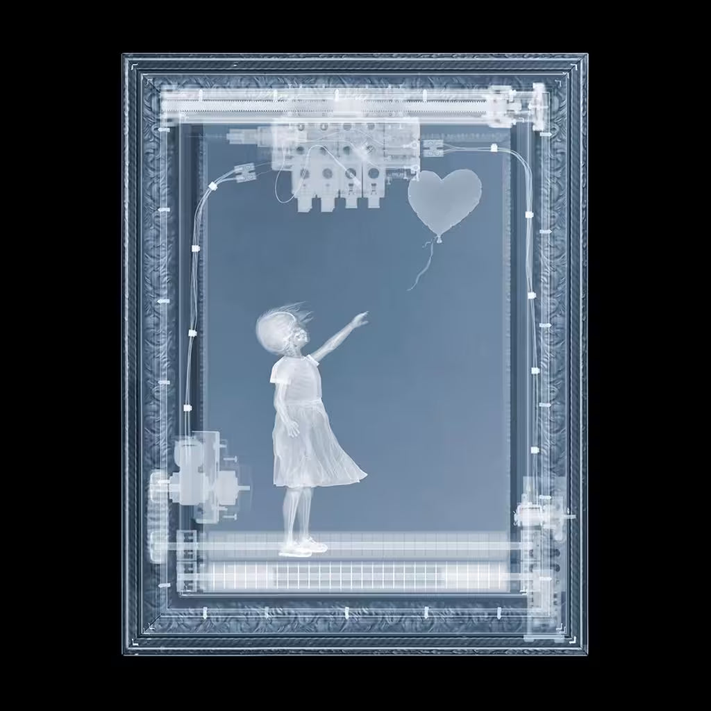 A limited edition Chromaluxe print by Nick Veasey of an X-Rayed picture frame, the title is BanXsy (Before)