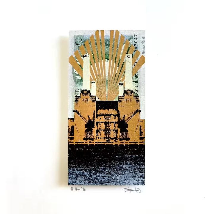 A Jayson Lilley limited edition screen print of a one pound note with Battersea Power Station screen printed over the top, the title is Battersea