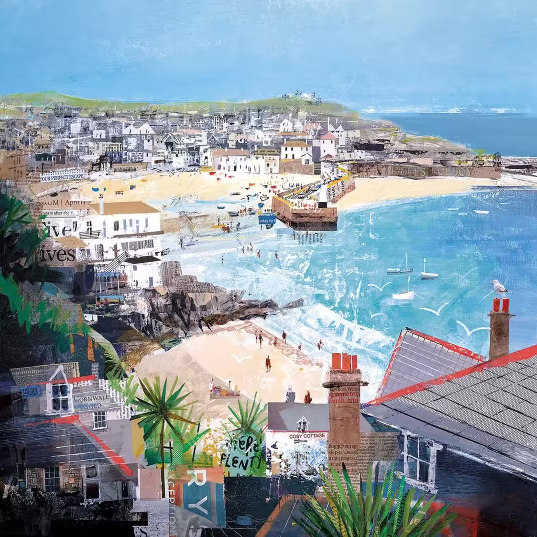 A Tom Butler limited edition, it shows a collage of the coastline and surrounding buildings of Lyme Regis using different magazine and newspaper strips from the local area, the title is Bay Watch