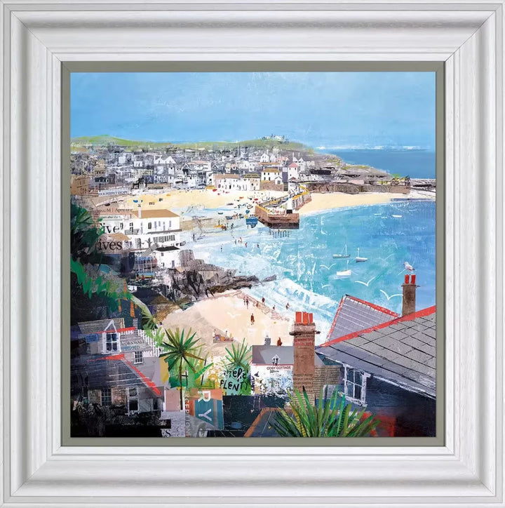 A Tom Butler framed limited edition, it shows a collage of the coastline and surrounding buildings of Lyme Regis using different magazine and newspaper strips from the local area, the title is Bay Watch