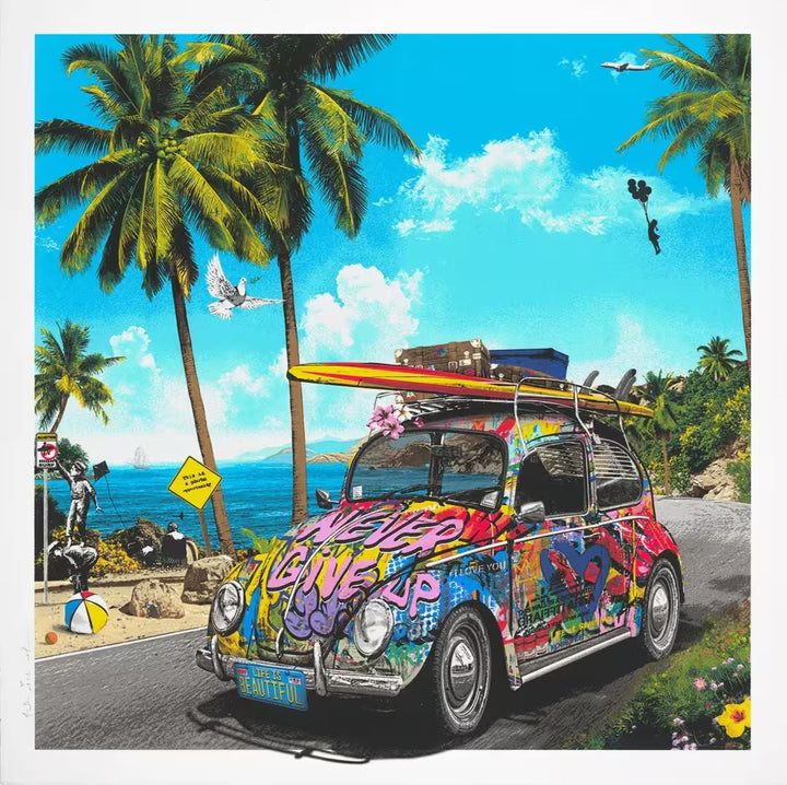 A Mr Brainwash limited edition of a Volkswagen Beetle spray painted in bright colours in front of a tropical background with lots of nods to Banksy, the title is Beach Bug