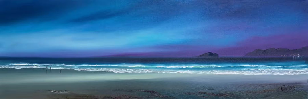 A Philip Gray original of a coastline with a deep purple and navy sky and two people walking their dog, the title is Beach Walk With My Dog