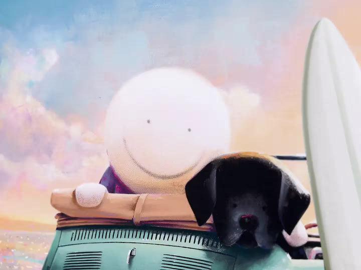 A Doug Hyde limited edition of a person and three dogs in a car on the beach with a surfboard and Beach Ball, the title is Beach Buddies