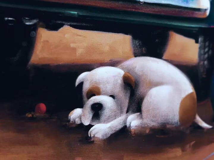 A Doug Hyde limited edition of a person and three dogs in a car on the beach with a surfboard and Beach Ball, the title is Beach Buddies