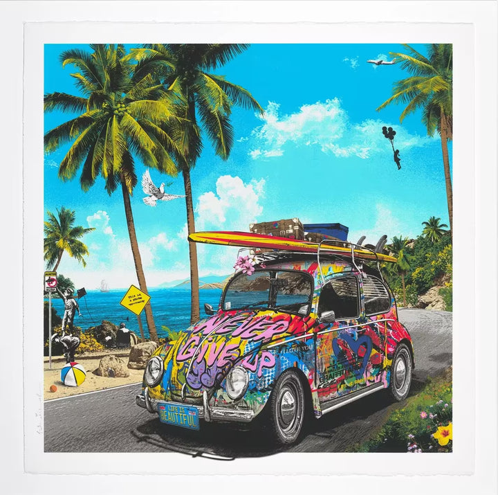 A Mr Brainwash framed limited edition of a Volkswagen Beetle spray painted in bright colours in front of a tropical background with lots of nods to Banksy, the title is Beach Bug