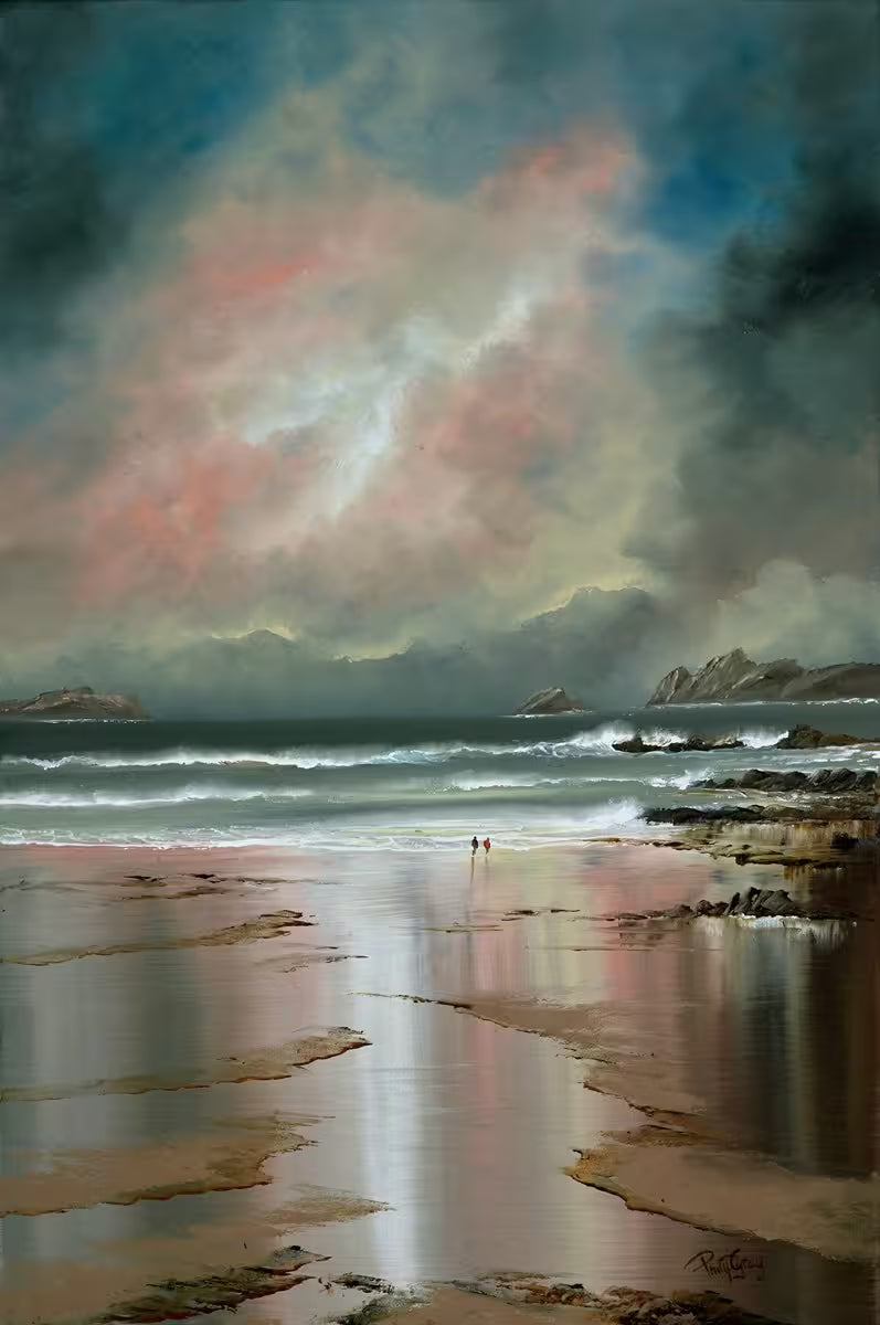 A Philip Gray original of a seascape with a murky stormy sky, the title is Beach Storm