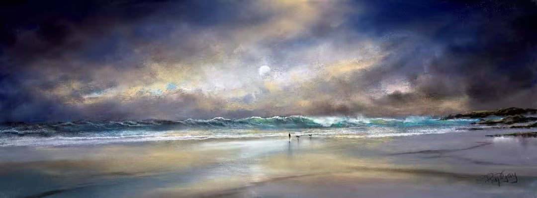 A Philip Gray original of a stormy beach at night with two people walking, the title is Beach Stroll V