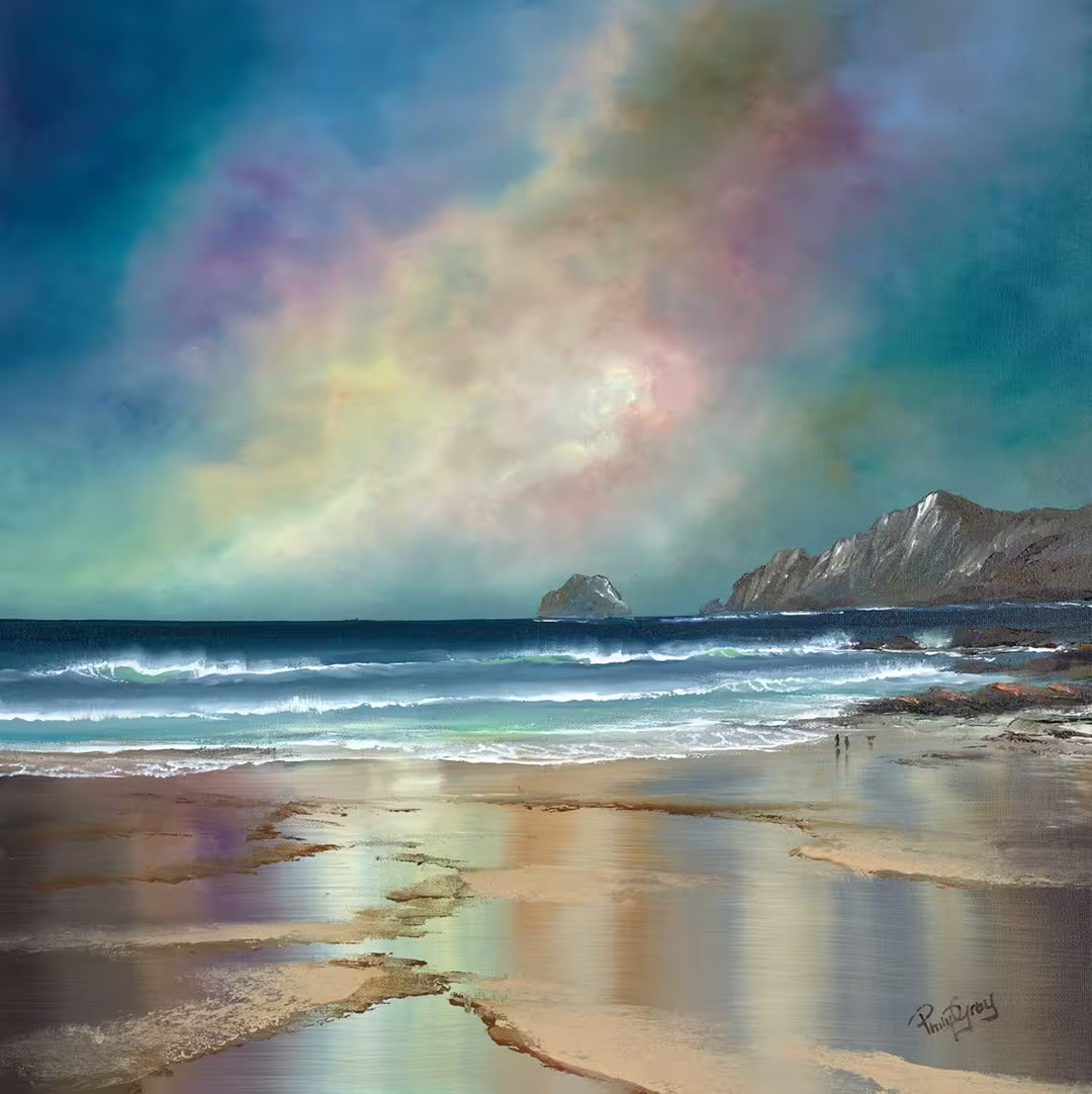 A Philip Gray original of a beach with a pastel sky and two people walking, the title is Beach Tranquility III