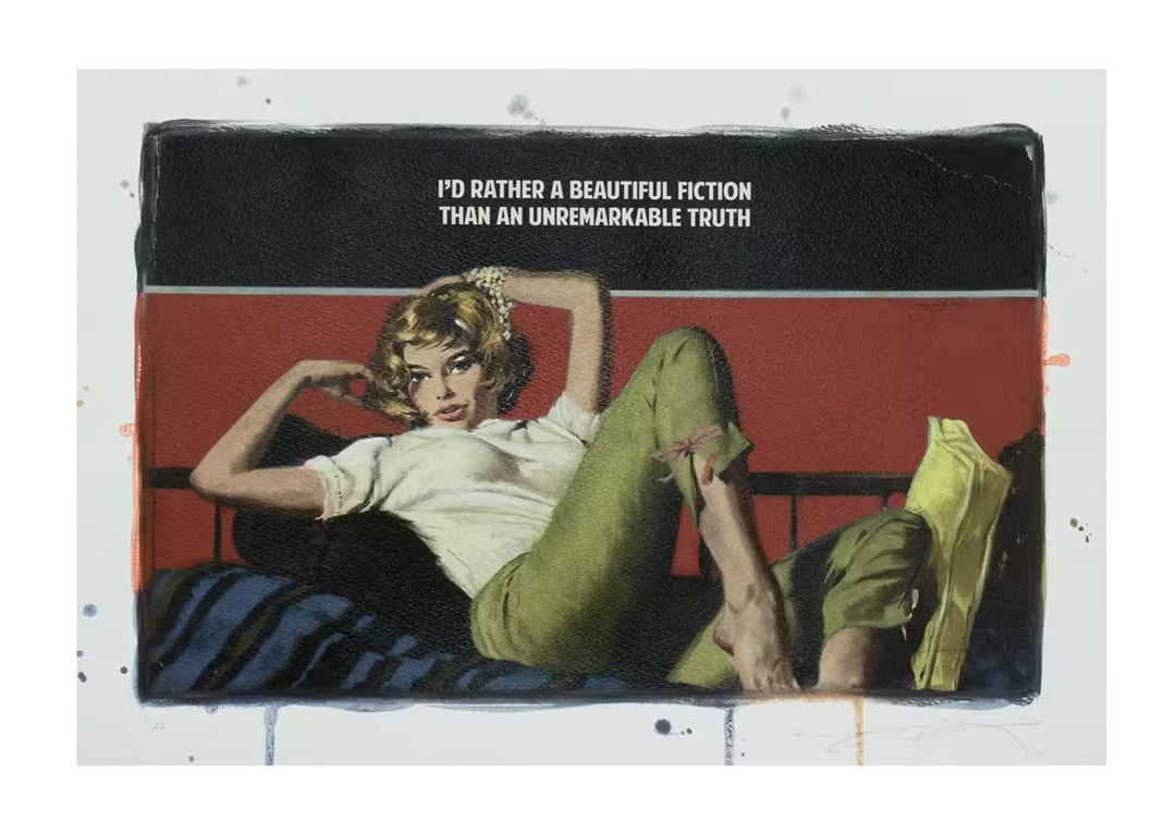 A limited edition piece by The Connor Brothers of a lady laying across a bed, the title is Beautiful Fiction 