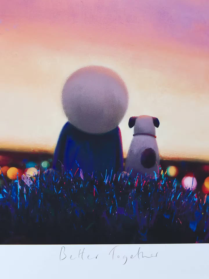 A Doug Hyde limited edition piece of a person and dog together sitting on a hill watching the birds, the title is Better Together