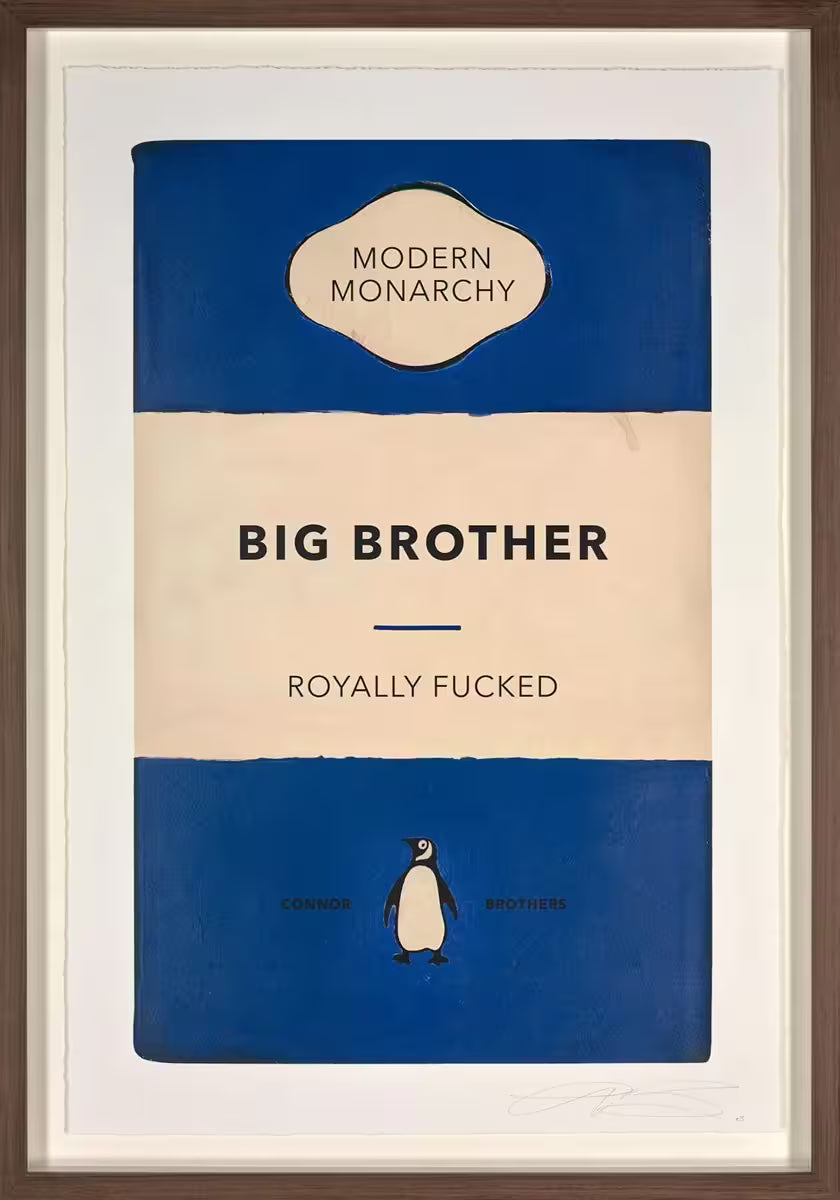 A limited edition framed print by The Connor Brothers of a penguin book cover with a witty line across the front, the title is Big Brother
