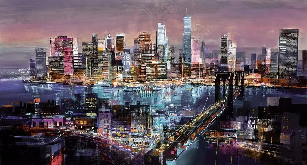  A Tom Butler limited edition collage of a city skyline in a dusky twilight sky with lights glowing from windows and cars, the title is Big City Lights