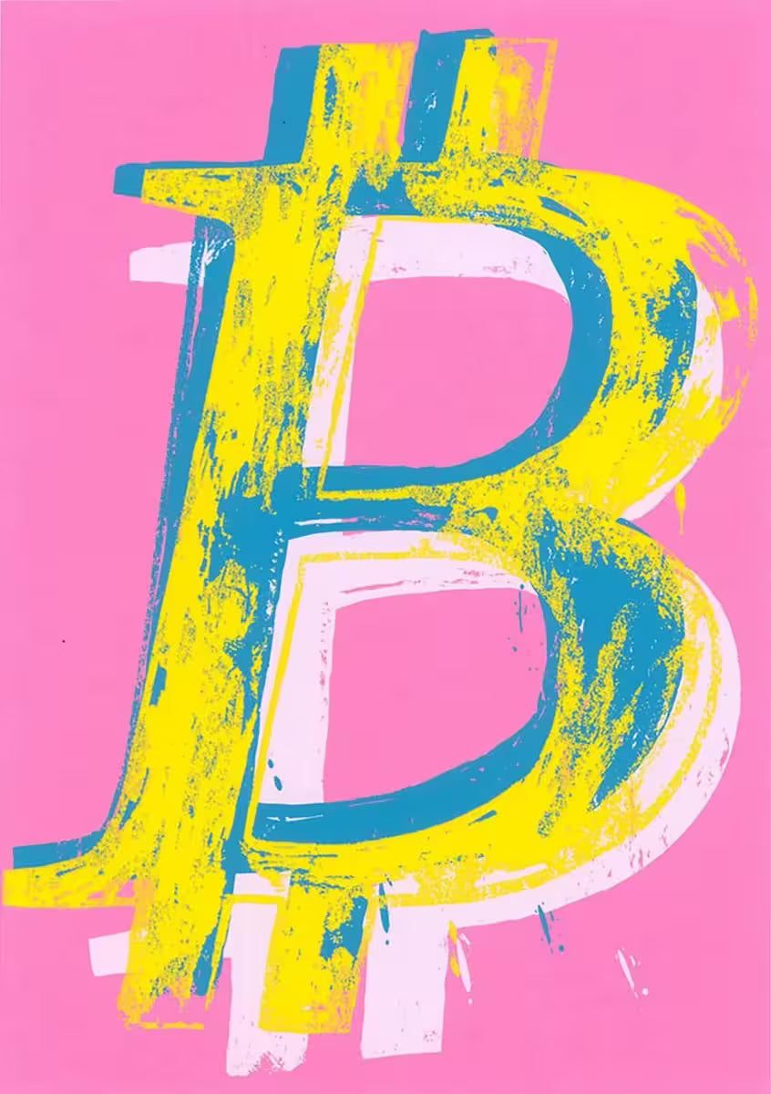 A Mr Brainwash limited edition of a bitcoin symbol in yellow, blue, and white against a pink background, the title is Bitcoin (Pink)