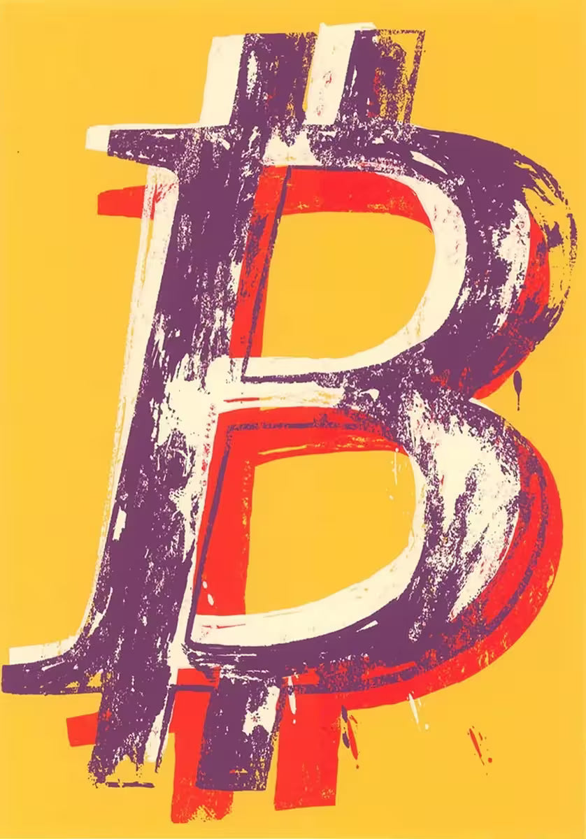A Mr Brainwash limited edition of a bitcoin symbol in purple, red, and white against a Yellow background, the title is Bitcoin (Yellow)