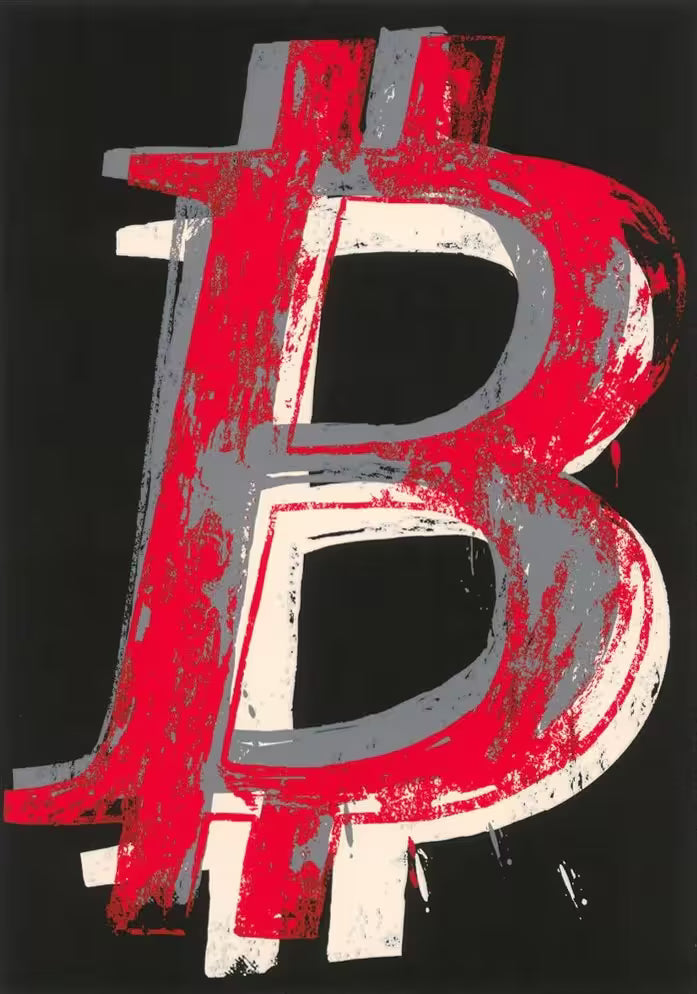 A Mr Brainwash limited edition print of a bitcoin symbol painted in red, white,  and grey against a black background, the title is Bitcoin (Black)