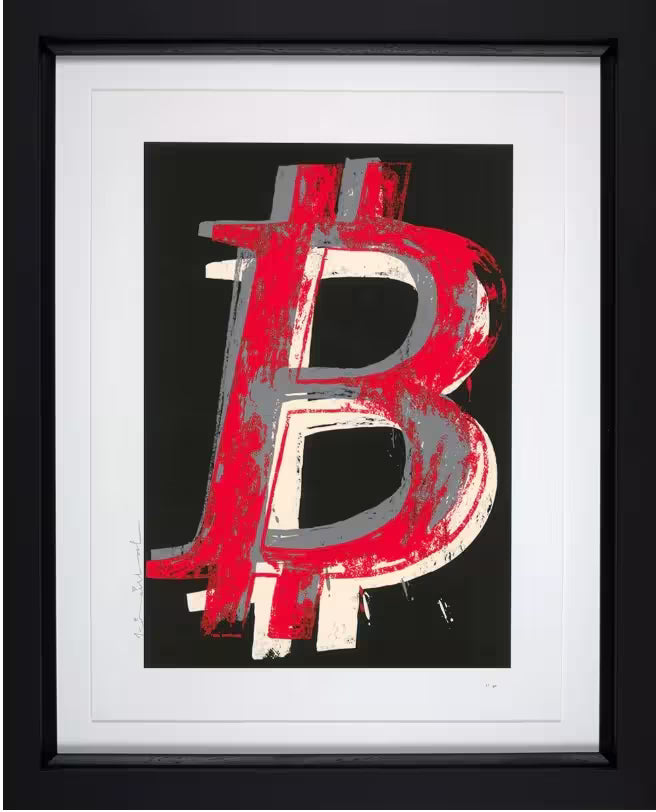 A Mr Brainwash framed limited edition print of a bitcoin symbol painted in red, white,  and grey against a black background, the title is Bitcoin (Black)