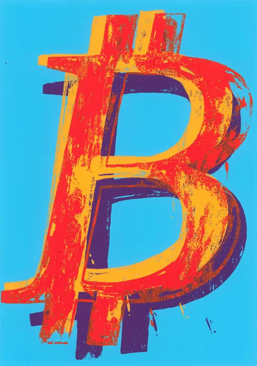 A Mr Brainwash limited edition of a red, yellow, and purple bitcoin sign against a blue bitcoin sign, the title is Bitcoin (Blue)