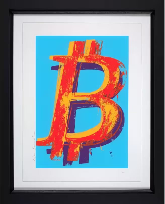 A Mr Brainwash framed limited edition of a red, yellow, and purple bitcoin sign against a blue bitcoin sign, the title is Bitcoin (Blue)