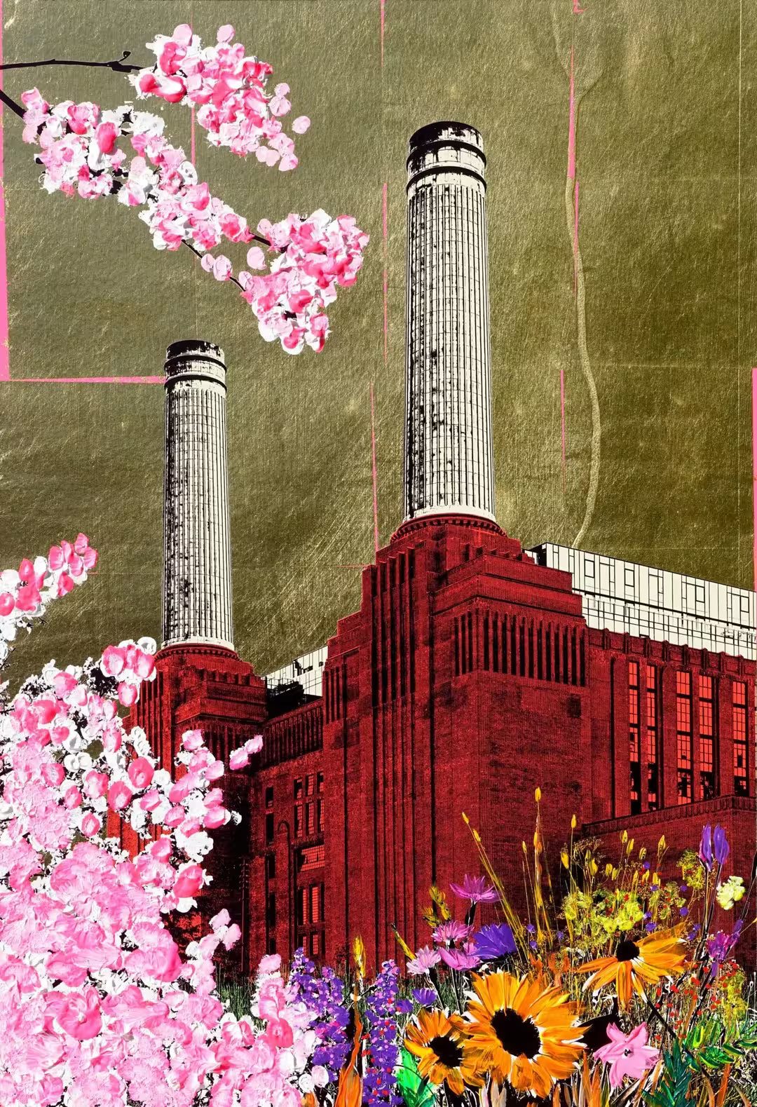 A Jayson Lilley limited edition screen print of Battersea Power Station, the title is Blooming Battersea