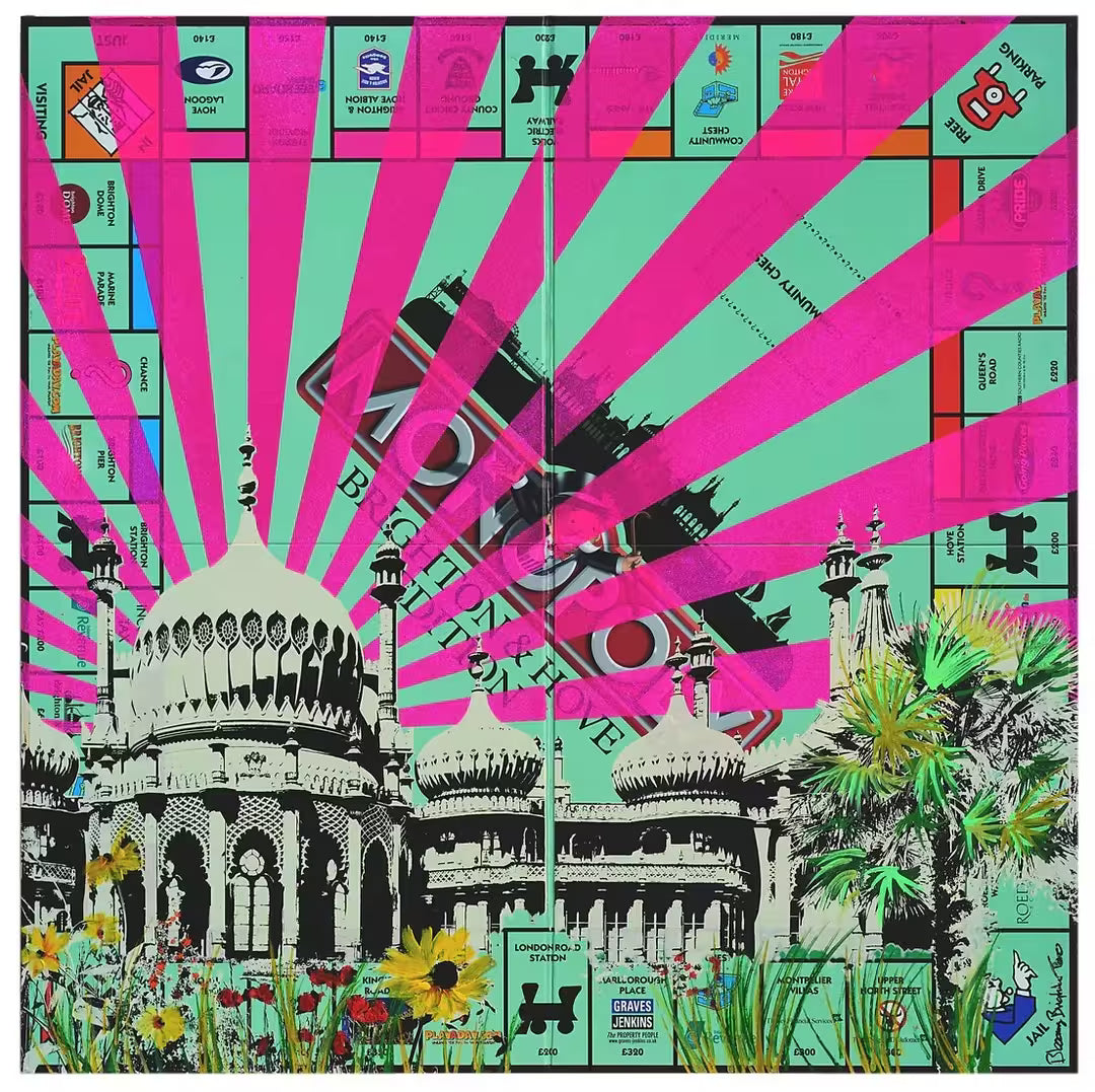 A Jayson Lilley limited edition screen print of Brighton Monopoly board with screen print over the top, the title is Blooming Brighton