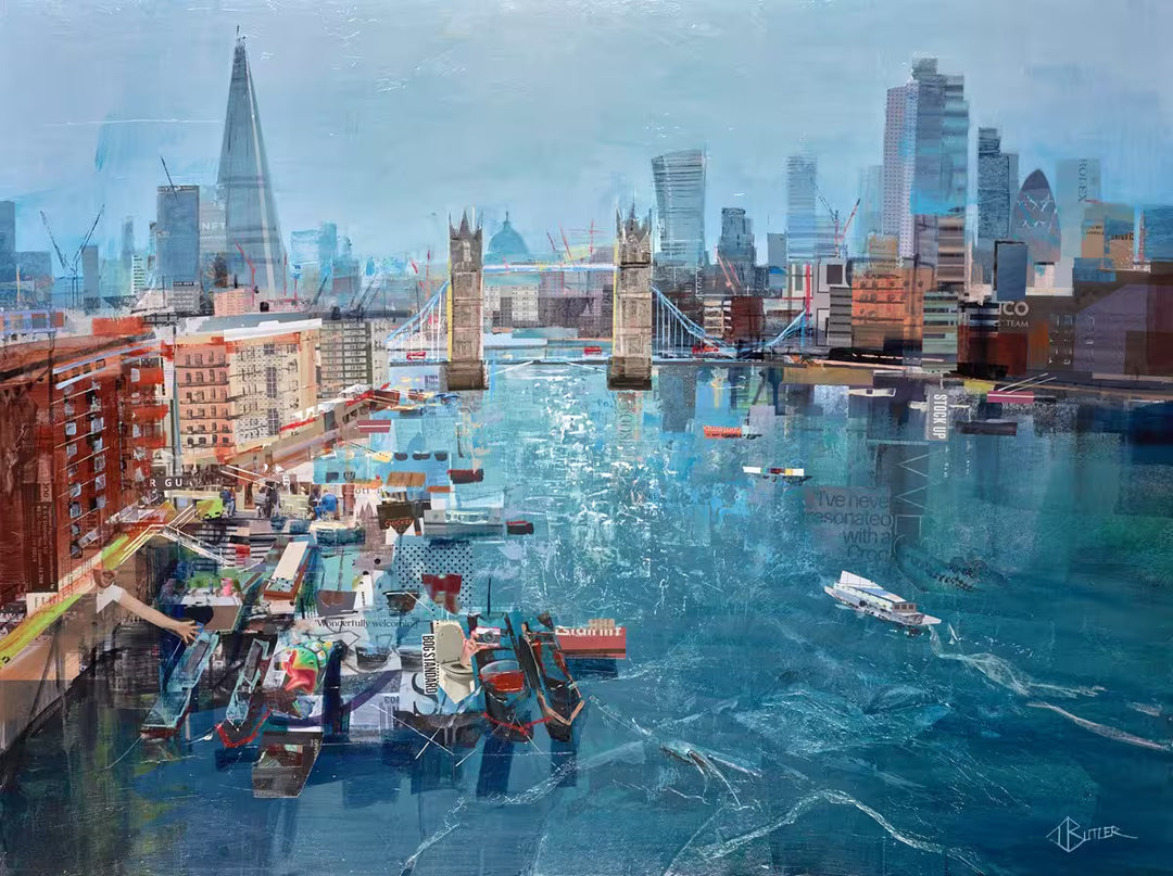 A Tom Butler original collage of London, the title is Blue Me Away