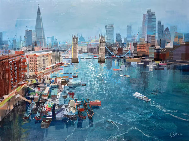 A Tom Butler original collage of London, the title is Blue Me Away