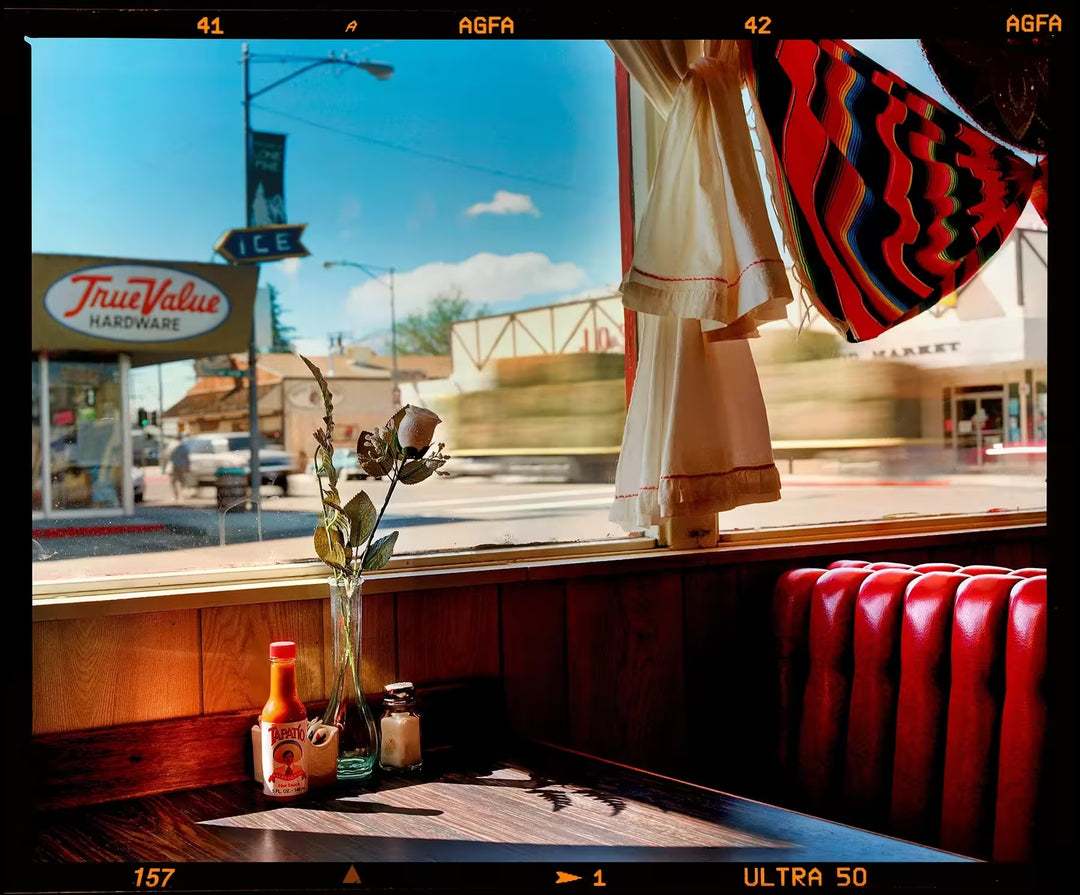 A limited edition photograph by Richard Heeps using vibrant colours, the title is Bonzanza Cafe (6x7 Film Rebate), Lone Pine, California, 2001 