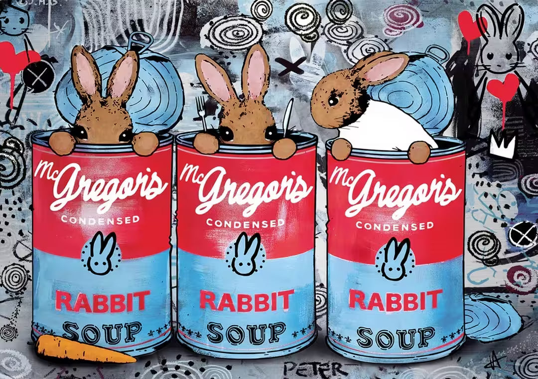 A Harry Bunce limited edition of three bunnies in Soup cans, the title is Breakout