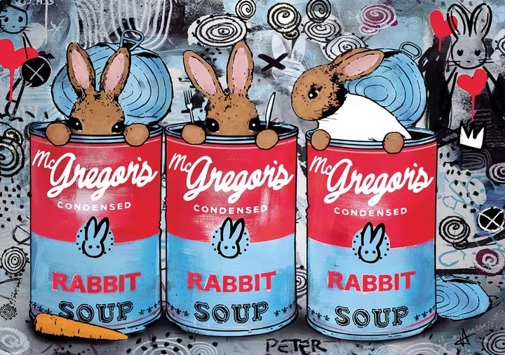 A Harry Bunce limited edition of three bunnies in Soup cans, the title is Breakout