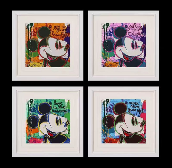 A Mr Brainwash set of four framed limited edition prints, each is the same picture of Mickey Mouse all in different colour ways, the titles are Bright Shades of Mickey