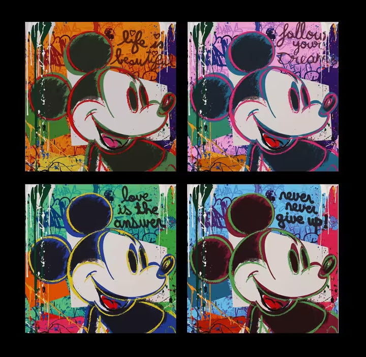 A Mr Brainwash set of four limited edition prints, each is the same picture of Mickey Mouse all in different colour ways, the titles are Bright Shades of Mickey