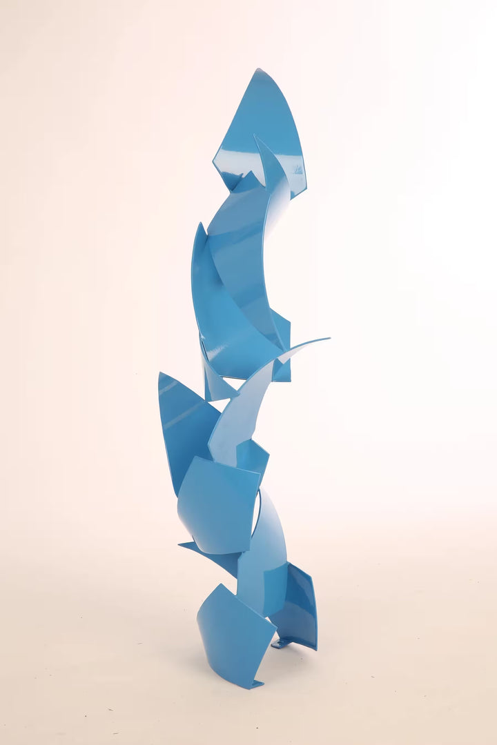 A Gareth Griffiths original sculpture of geometric shapes arranged into a tower, the title is Brunswick