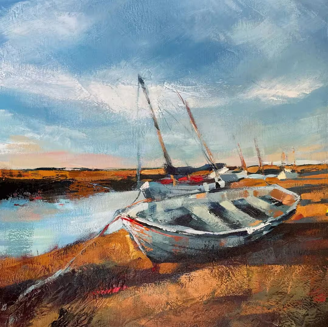 A Debbie Boon original of some boats next to a stream, the title is Burnham Boats