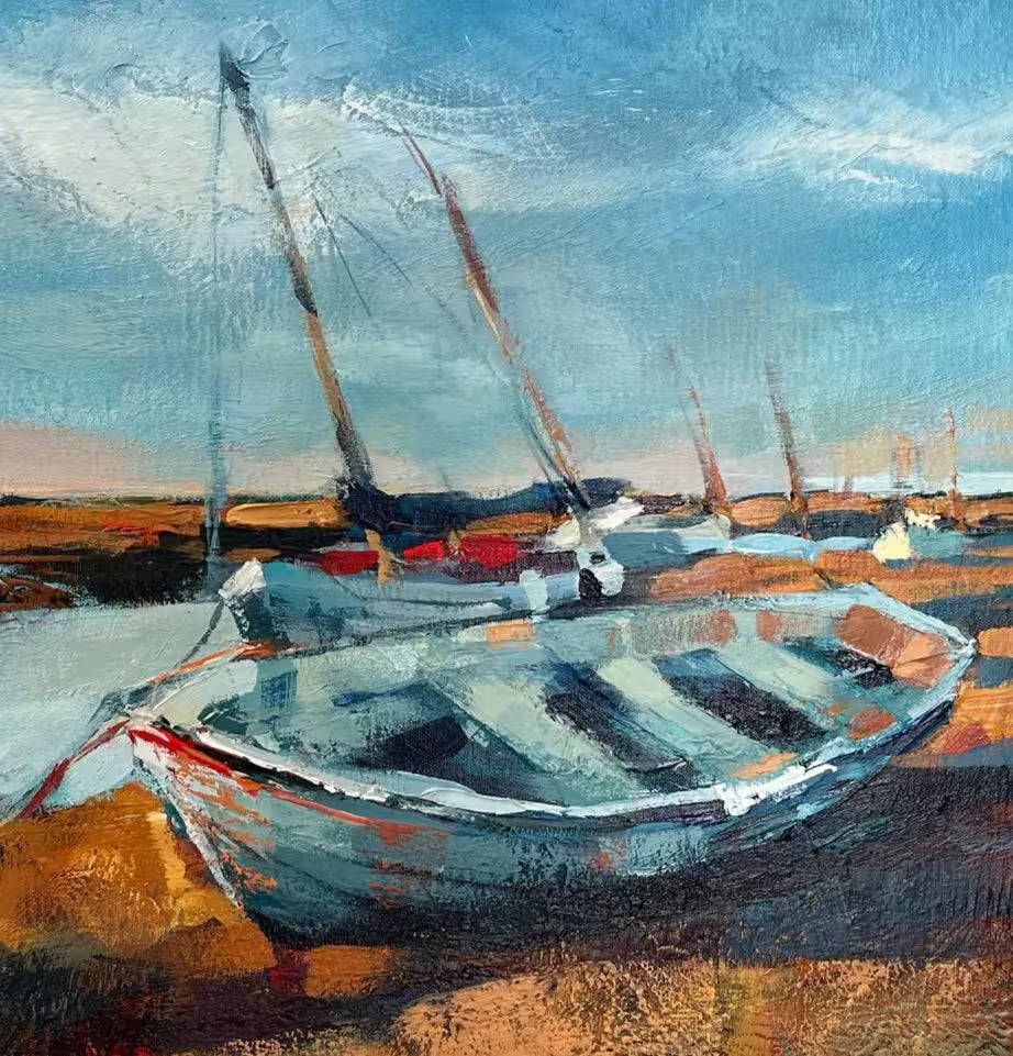 A Debbie Boon original of some boats next to a stream, the title is Burnham Boats