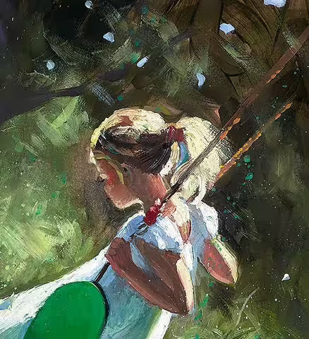 A Sherree Valentine Daines limited edition of a girl in a white dress on a swing, the title is Carefree Summer&