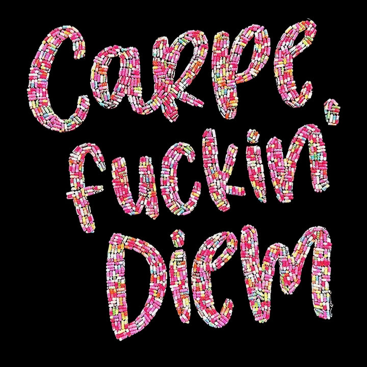 Emma Gibbons original of some pills arranged into text, the title is Carpe Diem