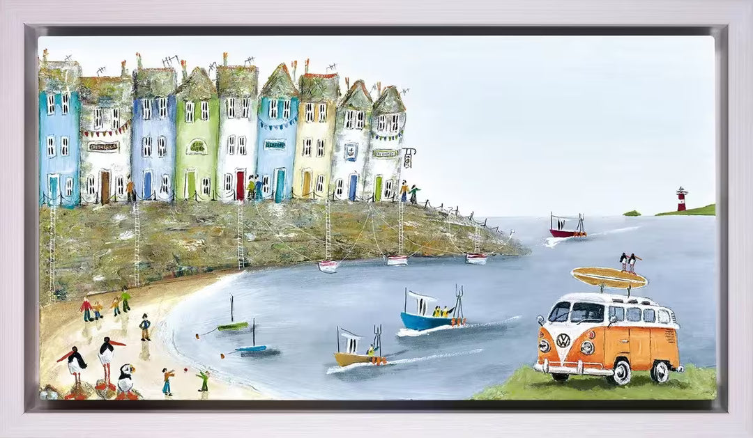 A Rebecca Lardner limited edition piece of a seaside town with boats and birds and an orange camper van, the title is Catching Waves