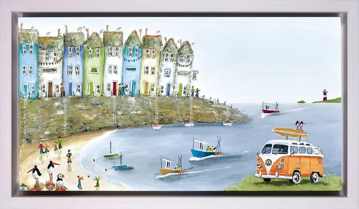 A Rebecca Lardner limited edition piece of a seaside town with boats and birds and an orange camper van, the title is Catching Waves