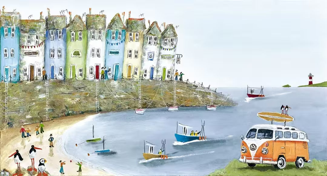 A Rebecca Lardner limited edition piece of a seaside town with boats and birds and an orange camper van, the title is Catching Waves
