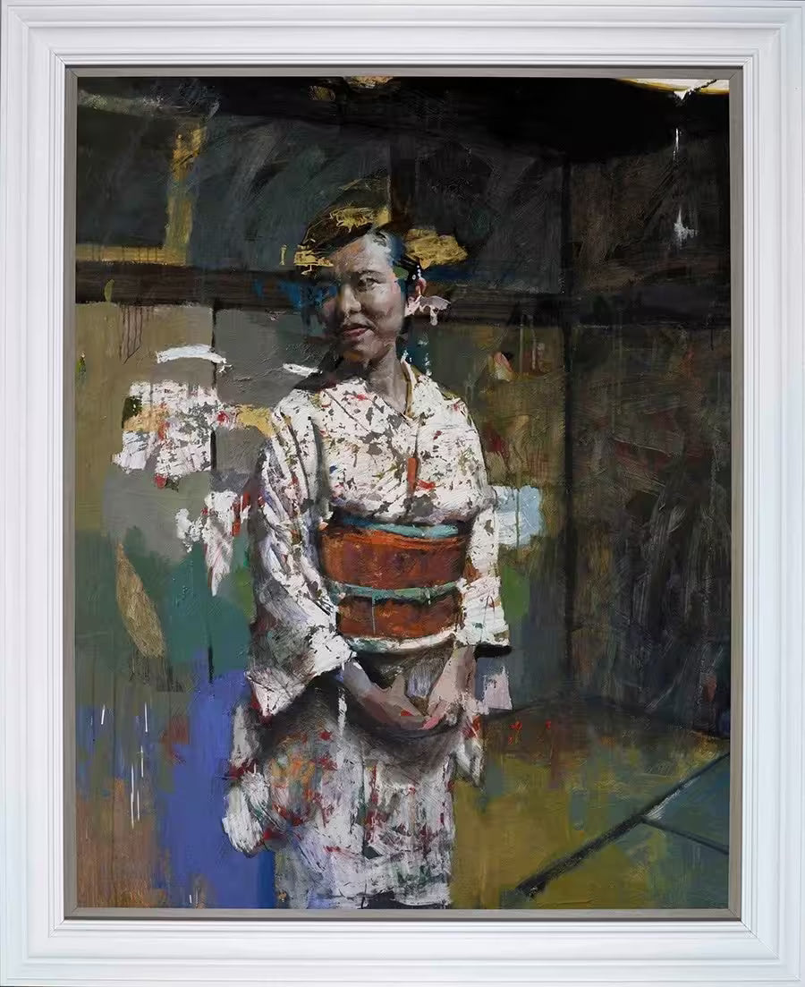 A framed limited edition by Christian Hook of a geisha distorted and stood in the dark, the title is Chajin